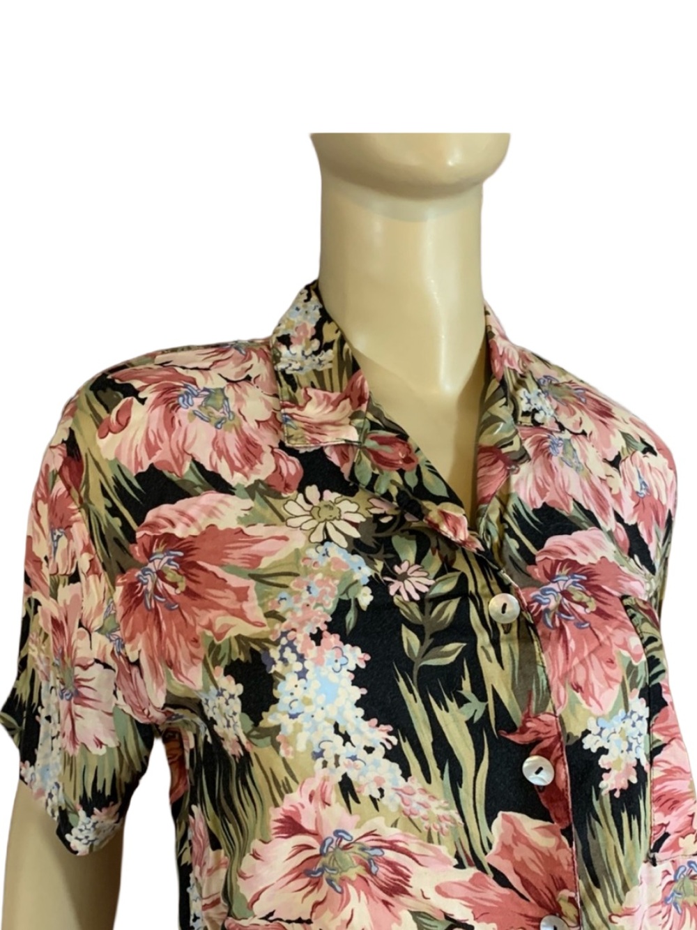 VINTAGE 1980'S PINK, BLACK & GREEN FLORAL PRINT TEDDI BLOUSE (MP) - Picture 8 of 13